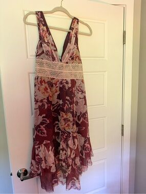 Free People Purple Floral Midi Dress with cream lace